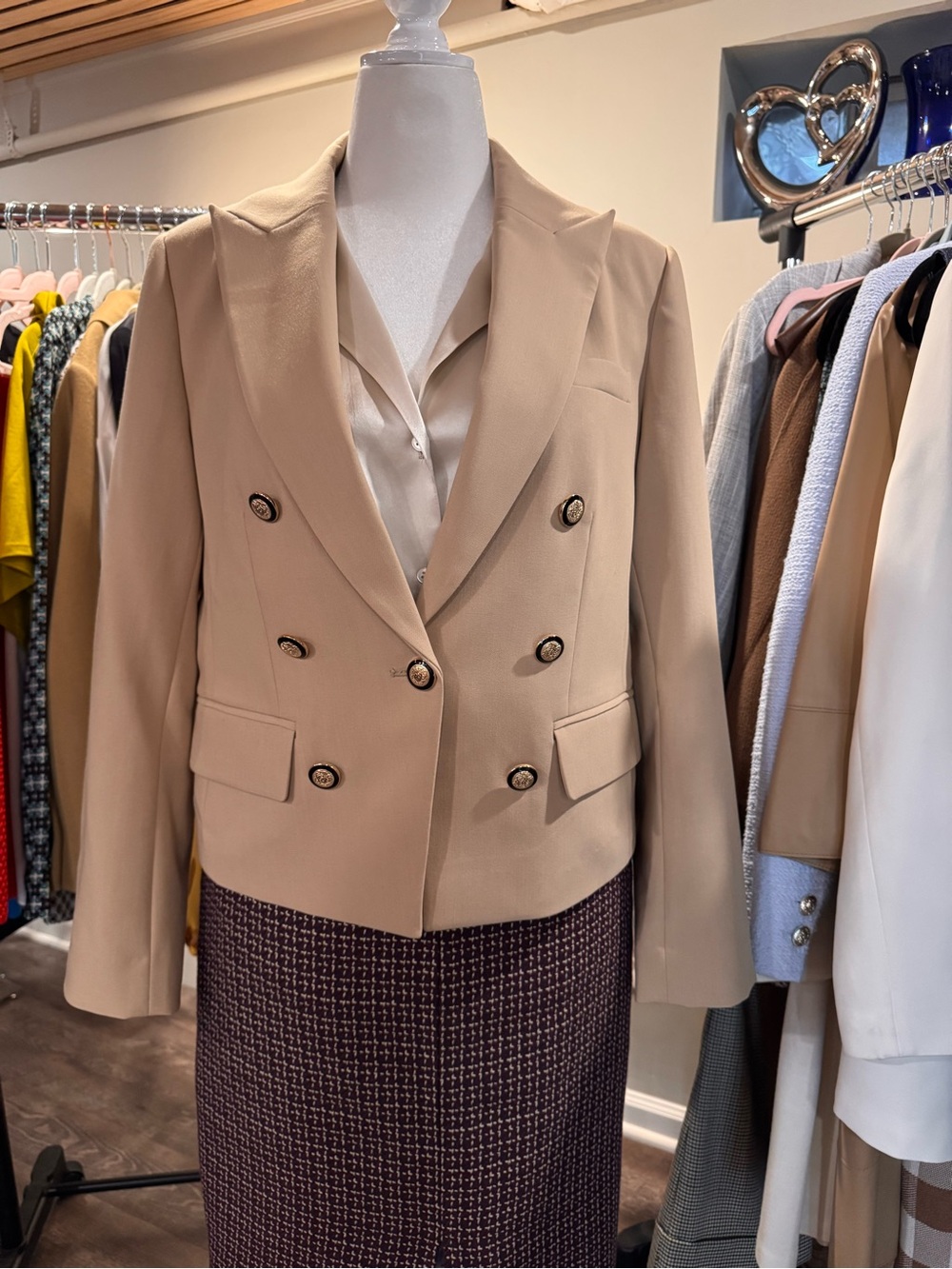 Ann Taylor Cropped Double-Breasted Blazer in Beige